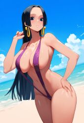 1girls ai_generated beach belly belly_button big_breasts bikini bikini_top black_hair blue_eyes boa_hancock cleavage collarbone female keinovelnovelai light-skinned_female light_skin ocean one_piece pokemon revealing_clothes solo