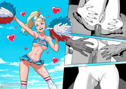 <3 1girls anal anal_sex anus ass ass_grab audrey_(tekuho) blonde_hair blue_eyes braless breasts cheerleader cloud crop_top dark-skinned_male dark_skin erect_nipples female interracial kneesocks male midriff miniskirt monochrome nail_polish nipple_bulge nipples no_bra no_panties no_underwear penis piercing ponytail pussy sex shaved_pussy skirt sky spreading standing straight tank_top teenager tekuho underboob