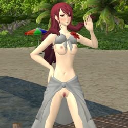 1girls atlus beach blush breasts mitsuru_kirijo nipples ofugh outdoors persona persona_3 pubic_hair pussy swimsuit undressing xnalara