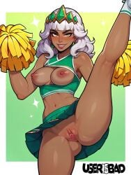 1girls ai_generated cheerleader dark-skinned_female dark_skin league_of_legends no_panties pussy qiyana_yunalai riot_games skirt solo tagme userisbad white_hair