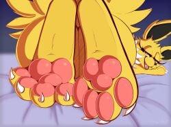 4_toes ambiguous_gender ass bed blitzpitz claws close-up cute_fangs eeveelution eyelashes eyes feet feral foot_fetish foot_focus furniture generation_1_pokemon hi_res hindquarters jolteon looking_at_viewer looking_back looking_back_at_viewer lying_on_front nintendo pawpads paws pink_pawpads pokemon pokemon_(species) presenting purple rear_view seductive signature simple_background smile soles solo toe_claws toes