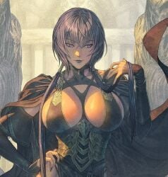 arms_on_hips arms_up bodysuit breasts cape cleavage collar color earrings female homare_(artist) homare_(fool's_art) human large_breasts pink_eyes pink_hair queen_of_the_damned short_hair solo