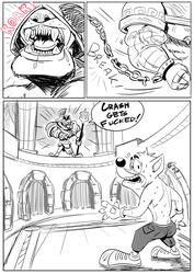 balls coliseum comic crash_(series) crash_bandicoot crash_bandicoot:_warped foreskin gladiator male_only monochrome muscular penis tawny_otter tawnyotter tiny_tiger uncut