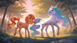 2girls ai_generated alicorn animal_genitalia animal_pussy anus ass equid equine equine_genitalia equine_pussy female feral feral_only friendship_is_magic hasbro my_little_pony princess_celestia_(mlp) pussy quadruped sunset_shimmer unicorn