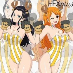 antlers big_breasts black_hair cosplay hfxpins nami nami_(one_piece) nico_robin one_piece orange_hair reindeer_antlers reindeer_costume