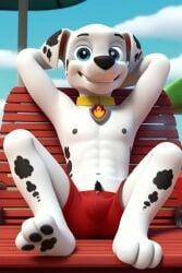 1boy ai_generated arms_behind_head bulge furry furry_male furry_only looking_at_viewer marshall_(paw_patrol) paw_patrol topless_male