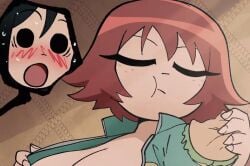 2girls animated areola_peek areolae blush bouncing_breasts chewing closed_eyes coolerinker eating freckles green_jacket green_sweater hamburger inker_comics inkershike kim_pine knives_chau lifted_by_self nipples no_bra open_shirt opened_by_self scott_pilgrim surprised sweating