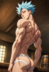 abs ai_generated ass back ban_(nanatsu_no_taizai) biceps blue_hair blush gay jockstrap jockstrap_only looking_at_viewer looking_back male male_only muscular muscular_male nipples nude_male red_eyes scar seven_deadly_sins smile toned_body toned_male twall97