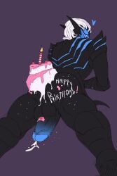 ass_focus bent_over birthday birthday_cake black_body blue_body body_writing chastisedhorns colored_sketch commission cum_drip demon face_mask facing_viewer food food_play kamen_rider kamen_rider_revice_(series) kamen_rider_vice penis simple_background tail turning_head two_tone_body two_tone_penis vice_(kamen_rider_revice) visual_pun white_hair