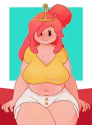 adventure_time belly blush breasts chubby cleavage cute dabble female female_only looking_at_viewer mob_face princess_bubblegum short_shorts shorts solo thick_thighs wide_hips