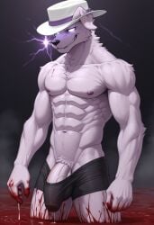 abs ai_generated anthro blood blood_in_mouth blood_on_face bloody_hands boxers boxers_(clothing) bulge fedora furry furry_only male male_only muscular penis_peeking uhyeah youtube youtuber