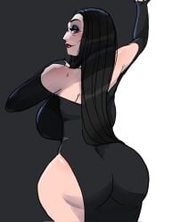 2024 2d 2d_(artwork) ass bare_shoulders big_ass big_breasts black_hair breasts bubble_butt busty dress eyeshadow female female_focus female_only goth goth_girl halloween hourglass_figure lipstick long_hair looking_at_viewer makeup milf morticia_addams pale-skinned_female pale_skin rear_view seanmalikdesigns sideboob tagme the_addams_family wide_hips