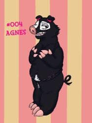 agnes_(animal_crossing) animal_crossing anthro belly_hair berkshire_pig black_body bodily_fluids body_hair breasts covering covering_breasts curled_tail domestic_pig female genital_fluids genitals hooves looking_at_viewer mammal medium_breasts nintendo onikuma_(artist) overweight overweight_female pubes pussy slightly_chubby slightly_chubby_female spots stretch_marks suid suina sus_(pig) tail vaginal_fluids white_spots