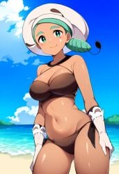 1girls ai_generated beach belly belly_button big_breasts bikini bikini_top cleavage creatures_(company) female game_freak green_hair gym_leader katy_(pokemon) keinovelnovelai nintendo npc_trainer ocean pokemon revealing_clothes solo