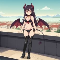 ai-created ai_generated bikini black_hair demon_girl demon_horns demon_tail female long_hair red_eyes thigh_boots