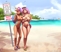 2018 5_toes alternate_species areola avian beach bird blue_eyes breasts cloud duo english_text eyewear feathered_wings feathers feet female fluttershy_(mlp) footwear friendship_is_magic highres humanized humanoid island long_hair mammal multicolored_hair my_little_pony navel nipples nude nude_beach one_eye_closed open_toe_shoes outdoors pink_hair pubic_hair purple_eyes pussy rainbow_dash_(mlp) sandals seagull seaside sign smile straight_hair sugarlesspaints sunglasses tan_skin text toenails toes v wings wink