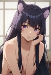 ai_generated breasts cat_ears cat_girl dark_purple_hair delta_(the_eminence_in_shadow) hiding_breasts kage_no_jitsuryokusha_ni_naritakute! looking_at_viewer naked naked_female purple_eyes purple_hair slimetenshi the_eminence_in_shadow window