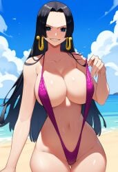 1girls ai_generated beach belly belly_button big_breasts bikini bikini_top black_hair blue_eyes boa_hancock cleavage collarbone female female_only keinovelnovelai light-skinned_female light_skin ocean one_piece pokemon revealing_clothes solo