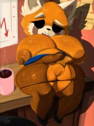 aggretsuko ailurid anthro areola beverage big_breasts biped breasts clothed clothing coffee ejavox female fur genitals hi_res huge_breasts mammal nipples orange_body orange_fur panties panties_down partially_clothed pussy red_panda retsuko sanrio sitting solo thick_thighs underwear underwear_down