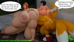 1male 2_tails 2futas 3d 3d_(artwork) alex_(totally_spies) belly_bulge big_ass big_balls big_breasts big_bulge big_butt big_nipples big_penis big_thighs black_hair brown_eyes closed_eyes completely_naked completely_naked_futanari completely_nude completely_nude_futanari diphallia diphallism futanari hyper hyper_ass hyper_balls hyper_breasts hyper_penis intersex kennythebobcat kennyvstheuniverse looking_back male male/futa male_on_futa miles_tails_prower moan moaning multi_genitalia multi_penis multi_tail naked naked_futanari nude nude_futanari orange_fur orange_hair penis sam_(totally_spies) sega sonic_(series) sonic_the_hedgehog_(series) tagme tails totally_spies