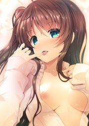 :p akahito aqua_eyes bangs blue_eyes blurry blush breasts brown_hair collarbone collared_shirt depth_of_field dress_shirt eyebrows eyebrows_visible_through_hair female finger_licking hair_between_eyes licking light_particles long_hair long_sleeves looking_at_viewer lying medium_breasts nipples no_bra on_back one_side_up open_clothes open_shirt pointing pointing_at_self shade shirt sleeves_past_wrists solo tamasaka_makoto tokyo_7th_sisters tongue tongue_out unbuttoned unbuttoned_shirt upper_body white_shirt