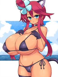 1girls alternate_breast_size ass bare_shoulders belly big_ass big_breasts bikini blue_background blue_eyes blush breasts cameltoe cat_ears chro cleavage clothed clouds collar eyelashes female female_only gloves hair_ornament huge_breasts human large_breasts long_hair looking_at_viewer midriff navel nintendo ocean open_mouth outdoors pokemon pokemon_bw pussy red_hair side-tie_bikini sideboob sky skyla_(pokemon) solo standing tail thick_thighs thighhighs tongue underboob white_border wide_hips