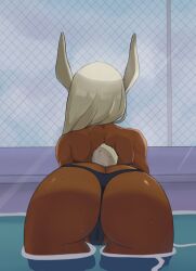 animal_ears ass ass_focus back bent_over bikini black_bikini boku_no_hero_academia booty butt_crack cameltoe chain-link_fence dark-skinned_female dark_skin female fence from_behind grey_hair hair_over_shoulder long_hair miruko mole muscular muscular_female my_hero_academia partially_submerged pool presenting presenting_hindquarters rabbit_ears rabbit_girl rabbit_tail rumi_usagiyama solo strapless swimsuit tail tekkantake thong thong_bikini water