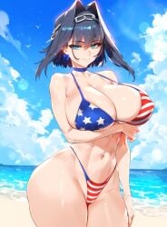 1girls ai_generated american_flag_bikini arm_under_breasts artist_upload beach big_ass big_breasts bikini female female_only light-skinned_female ouro_kronii pale-skinned_female seductive_look seductive_smile solo solo_female solo_focus tagme wide_hips