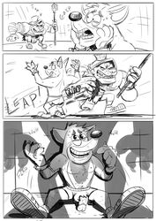 balls coliseum comic crash_(series) crash_bandicoot crash_bandicoot:_warped foreskin gladiator male_only monochrome muscular penis tawny_otter tawnyotter tiny_tiger torn_clothes uncut