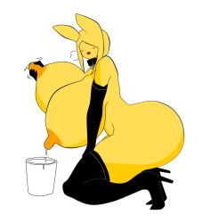 big_ass big_breasts blush bucket bucket_of_milk citrus_bt_69 lactating lactation milking milking_self open_mouth orange_nipples sul_(citrus_bt_69) thigh_boots yellow_body yellow_hair yellow_skin