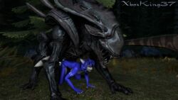 2018 3d alien alien_(franchise) anthro anthro_on_feral blue_fur blue_hair breasts canine cum cum_inside female feral fur green_eyes group hair hi_res krystal male mammal nintendo nipples nude open_mouth penetration penis sex source_filmmaker star_fox straight vaginal_penetration video_games xboxking37 xenomorph