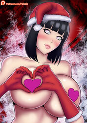 1girls black_hair blush blushing boruto:_naruto_next_generations busty christmas christmas_costume christmas_hat felsala heart heart_censor hyuuga_hinata lipstick looking_at_viewer milf naruto pasties patreon red_gloves shiny_skin short_hair silver_eyes solo