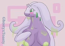 anthro blush breasts female generation_6_pokemon ghostyxtoasty goodra green_eyes nintendo nipples pokemon pokemon_(species) purple_body slime smile solo