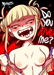 1girls animated animated_gif areolae bare_shoulders blonde_hair blush bouncing_breasts breasts breasts_apart breasts_out confession crazy_eyes dialogue diives english_text fangs female female_only flashing gif hair_bun hair_over_eyes hair_up half-closed_eyes happy_female himiko_toga horny_female human large_nipples looking_at_viewer medium_breasts my_hero_academia nipples no_bra nose_blush open_clothes open_mouth open_shirt patreon presenting_breasts sailor_collar school_uniform sharp_teeth short_hair shounen_jump slit_pupils smile solo teenager text torn_clothes villainess yandere yellow_eyes