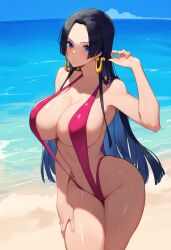 1girls ai_generated beach belly belly_button big_breasts bikini bikini_top black_hair blue_eyes boa_hancock cleavage collarbone female female_only keinovelnovelai light-skinned_female light_skin ocean one_piece pokemon revealing_clothes solo