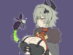 blush breasts caesar_king cleavage draenorkiller female frown green_hair horns insectophilia insects large_breasts sweat sweating veiny_breasts zenless_zone_zero