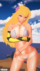 1girls arm_under_breasts arrancon big_breasts bikini bikini_bottom bikini_top blonde_female blonde_hair breast_hold breasts cleavage flower_in_hair large_breasts long_hair long_hair_female pose posing purple_eyes robotic_arm rwby sensual smile solo_female tan_body tan_skin tanline thong_bikini yang_xiao_long