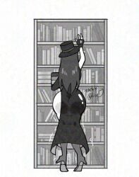 behind_view big_ass book books bookshelf boots dress fingerless_gloves hat heel_boots shaky_legs slit_dress zashikialice