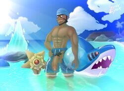 archie archie_(pokemon) beach game_freak gynxl male_focus nintendo outdoors pokemon pokemon_rse ripped_clothing sharpedo solo_focus starmie swimsuit swimwear team_aqua voyeur water