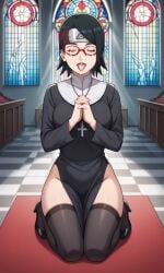 ai_generated barefoot bigmic145 black_eyes black_hair boruto:_naruto_next_generations breasts clothed clothed_female clothing female female_only glasses high_heels medium_breasts milk naruto naruto_(series) nun sarada_uchiha solo solo_female thighhighs