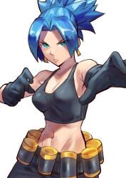 1girls belt big_breasts big_breasts blue_eyes blue_hair clothed earrings female gloves king_of_fighters leona_heidern light-skinned_female light_skin long_hair looking_at_viewer military military_clothing military_uniform pants tank_top tied_hair