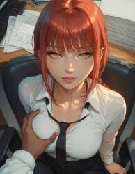 1boy ai_generated breast_grab chainsaw_man dark-skinned_male dominant_male female interracial l-major makima_(chainsaw_man) office office_clothing office_lady open_shirt red_hair ringed_eyes yellow_eyes