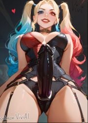 1girls ai_generated black_dildo blonde_hair blue_eyes blue_hair choker cleavage dildo gradient_hair harley_quinn heterochromia imminent_pegging light-skinned_female light_skin looking_at_viewer looking_down looking_down_at_viewer medium_breasts multicolored_eyes multicolored_hair red_eyes red_hair sex_toy solo standing strap-on strapon tagme taker_pov twintails viewed_from_below viviai