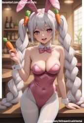 ai_generated aidreamcrush bangs breasts cleavage collar eyes female hair hairband leotard pantyhose rabbit smile solo twintails