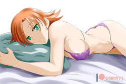 alfred_cullado aqua_eyes ass_cleavage bare_shoulders bikini breasts butt_crack closed_mouth eyebrows_visible_through_hair female large_breasts looking_at_viewer lying nora_valkyrie on_stomach orange_hair pillow pillow_hug polka_dot polka_dot_bikini purple_bikini rwby shiny shiny_hair short_hair sideboob simple_background smile solo swimsuit white_background