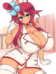 1girls alternate_breast_size ass bare_shoulders bed big_ass big_breasts blue_eyes blush breasts cameltoe choker chro cleavage clothed eyelashes female female_only gloves hair_ornament headdress huge_breasts human large_breasts latex latex_gloves long_hair looking_at_viewer nintendo nurse nurse_cap nurse_uniform on_bed panties pokemon pokemon_bw pussy red_hair sitting skyla_(pokemon) smile solo standing thick_thighs thighhighs white_border white_panties wide_hips