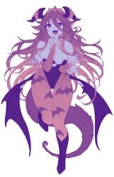 animal_print bare_shoulders bat_print bat_wings breasts cosplay darkstalkers dragalia_lost dragon_girl dragon_horns dragon_tail ekra female full_body hair_between_eyes highres horns large_breasts leotard long_bangs long_hair looking_at_viewer low_wings morrigan_aensland morrigan_aensland_(cosplay) mym_(dragalia_lost) open_mouth pantyhose solo tail teeth very_long_hair white_background wings