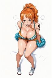 ai_generated alluring almost_naked almost_nude big_breasts blush breasts brown_eyes cheerleader cheerleader_costume cheerleader_outfit cheerleader_uniform earring earrings female female_only looking_at_viewer nami nami_(one_piece) one_piece open_mouth orange_hair ponytail seducing seduction seductive seductive_body seductive_eyes seductive_gaze seductive_look seductive_mouth seductive_pose shiny_hair shiny_skin steamy_breath sweat sweatdrop sweating sweaty sweaty_body tattoo tattoo_on_arm tattooed_arm voluptuous voluptuous_female yashin