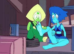 2girls badrainbow blue_skin blush bottomless curled_toes feet female_only foot_fetish foot_lick green_skin lapis_lazuli_(steven_universe) licking licking_foot multiple_girls peridot_(steven_universe) pussy smile soles steven_universe toes tongue tongue_out yuri