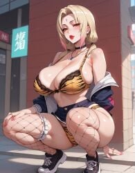 1girls ai_generated blonde_hair bra brown_eyes gyaru highlights_(coloring) honey_brown_eyes huge_breasts legwear lewdwaifulaifu looking_at_viewer makeup nails nails_painted naruto panties squatting thick_thighs tsunade